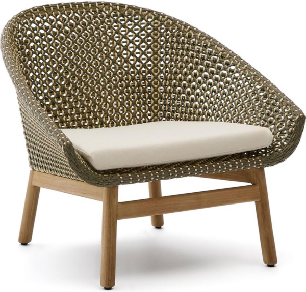 Udendørs lænestol havestol Kave Home Olbia, grøn teaktræ & rattan, aftageligt pudebetræk, rustik, H74ÃB86ÃD78 cm